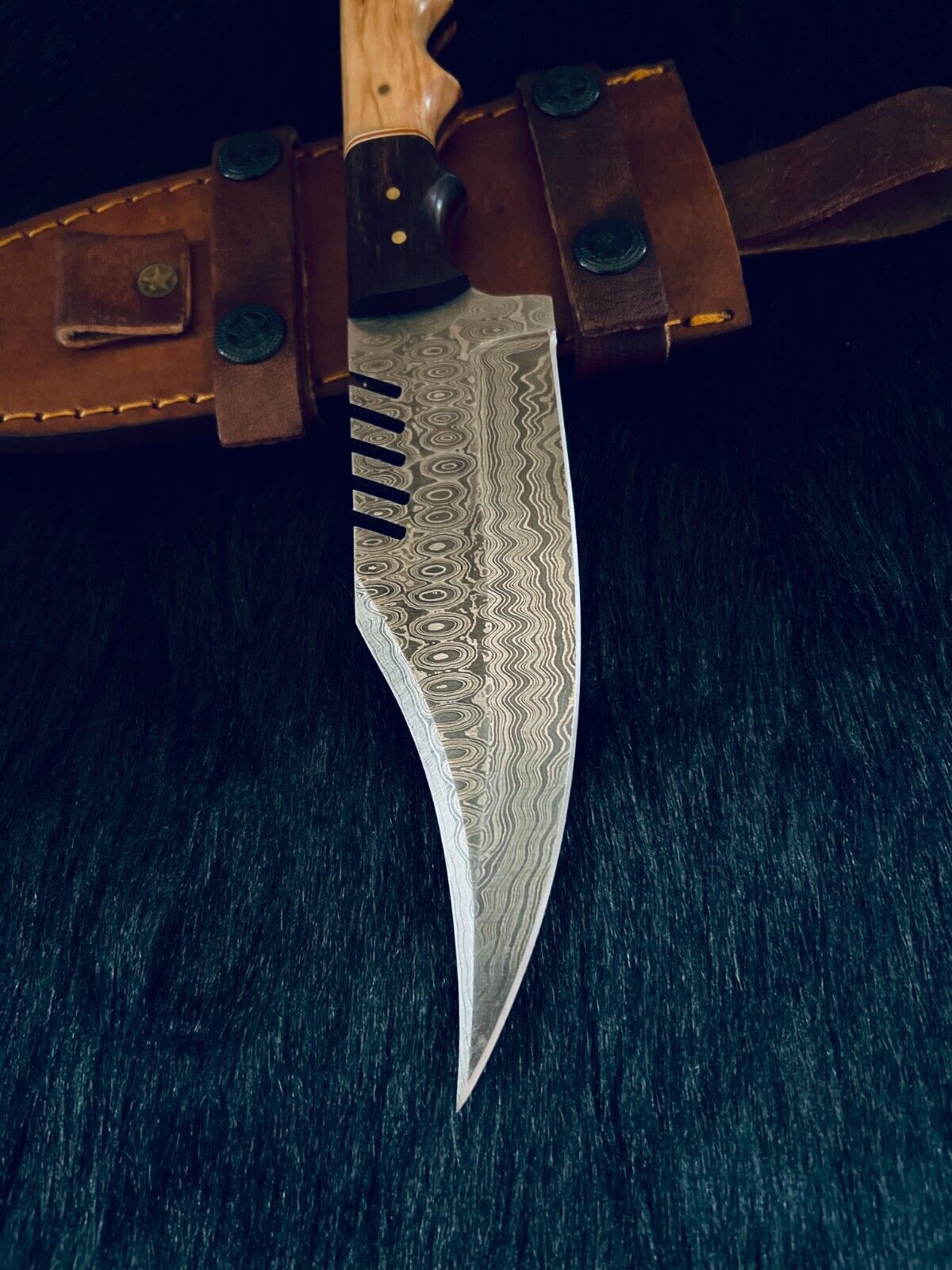 11" Rain Drop Damascus Bowie Knife – Camel Bone & Wood Handle