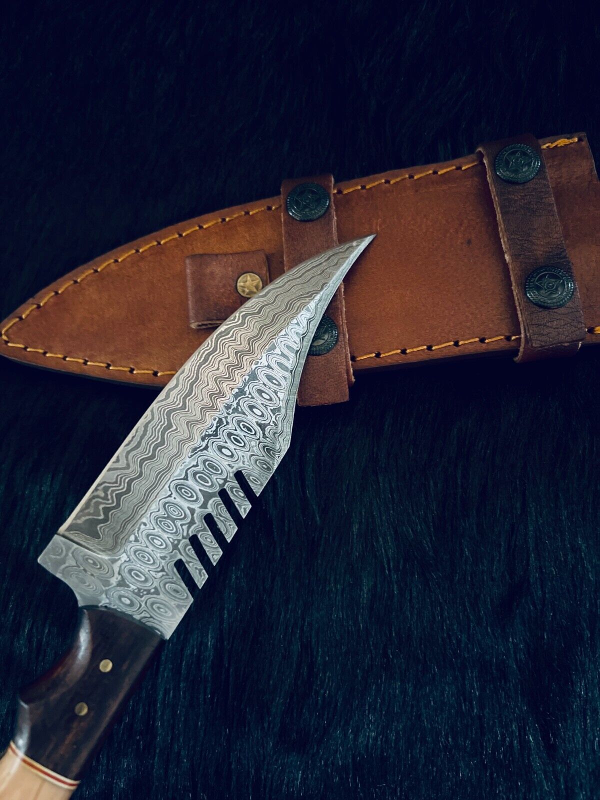11" Rain Drop Damascus Bowie Knife – Camel Bone & Wood Handle