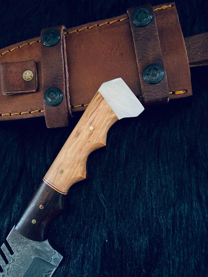 11" Rain Drop Damascus Bowie Knife – Camel Bone & Wood Handle