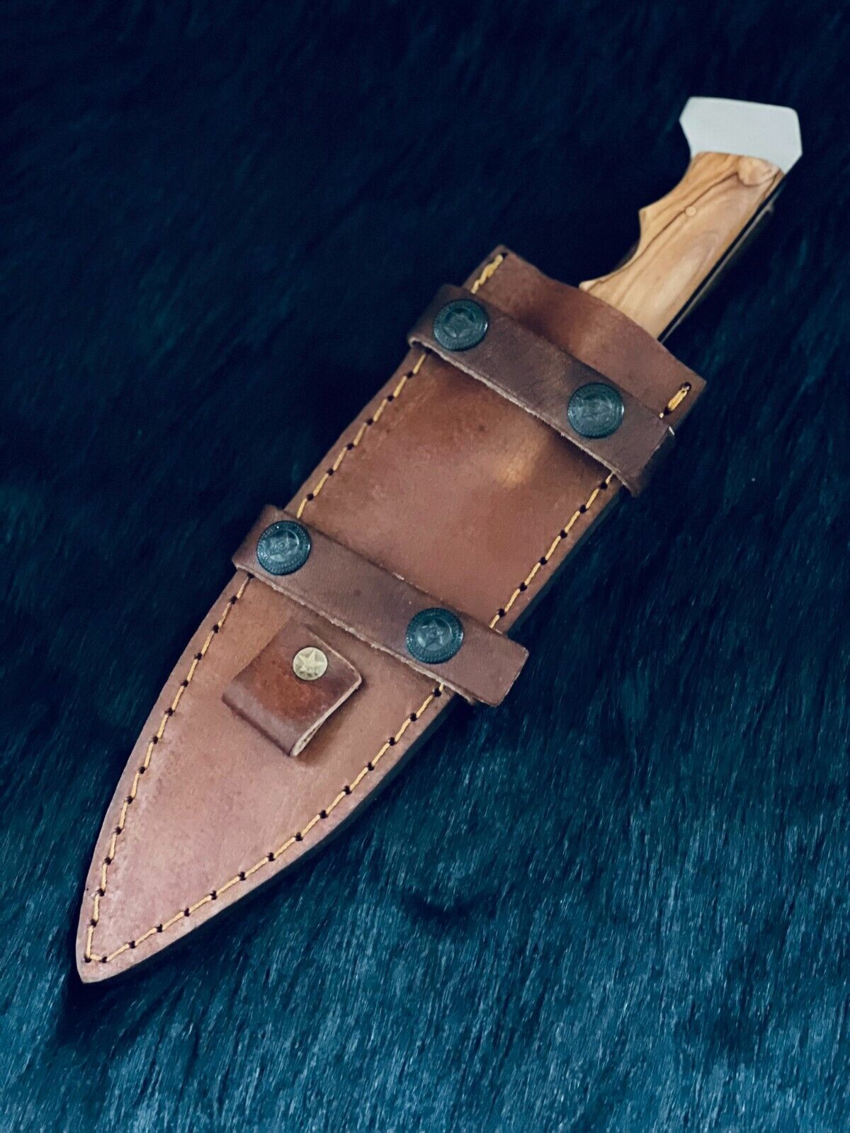 11" Rain Drop Damascus Bowie Knife – Camel Bone & Wood Handle
