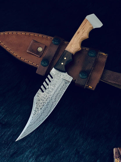 11" Rain Drop Damascus Steel Bowie Hunting Knife – Camel Bone & Wood Handle