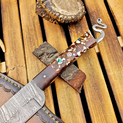 12 Inch Resin Handle Damascus Bowie Knife with Brass Pins and Leather Sheath