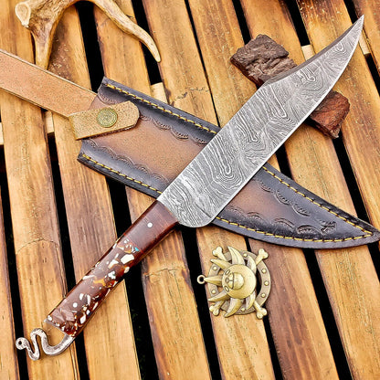12 Inch Resin Handle Damascus Bowie Knife with Brass Pins and Leather Sheath