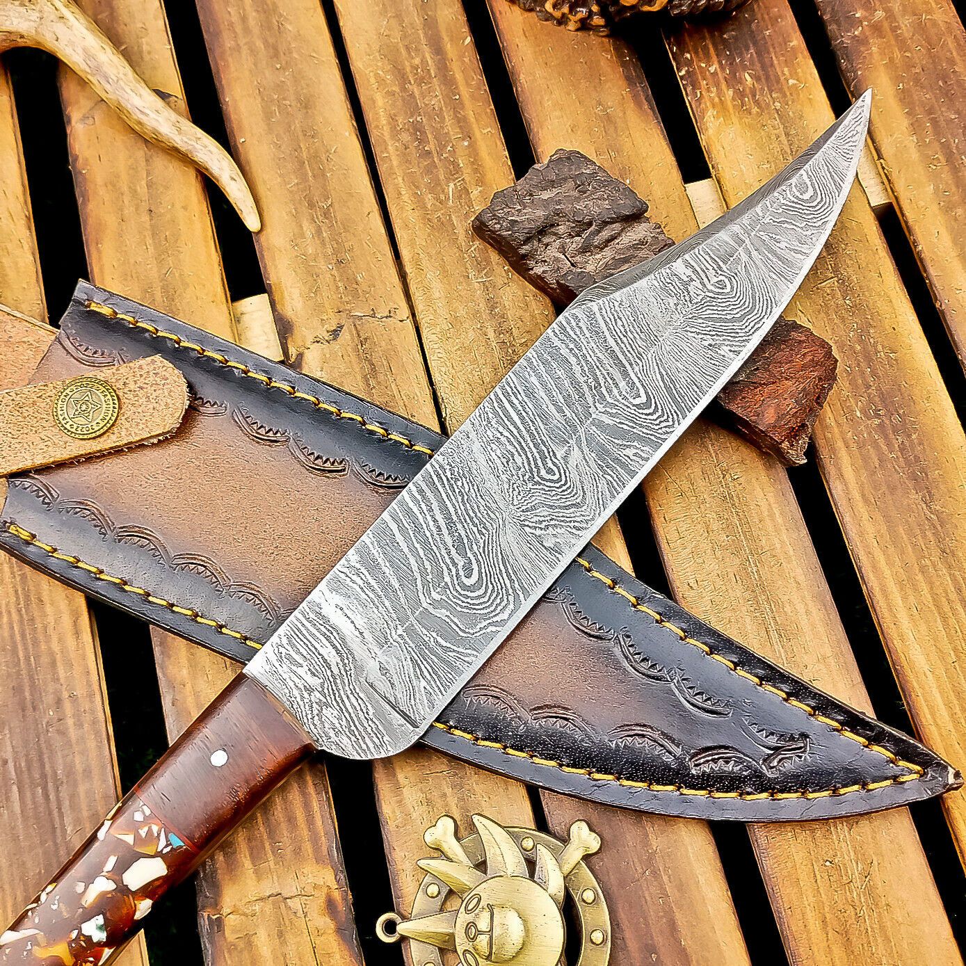 12 Inch Resin Handle Damascus Bowie Knife with Brass Pins and Leather Sheath