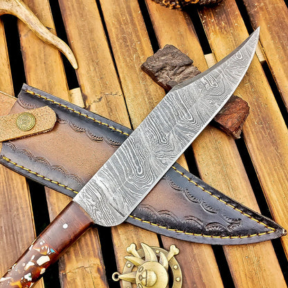 12 Inch Resin Handle Damascus Bowie Knife with Brass Pins and Leather Sheath