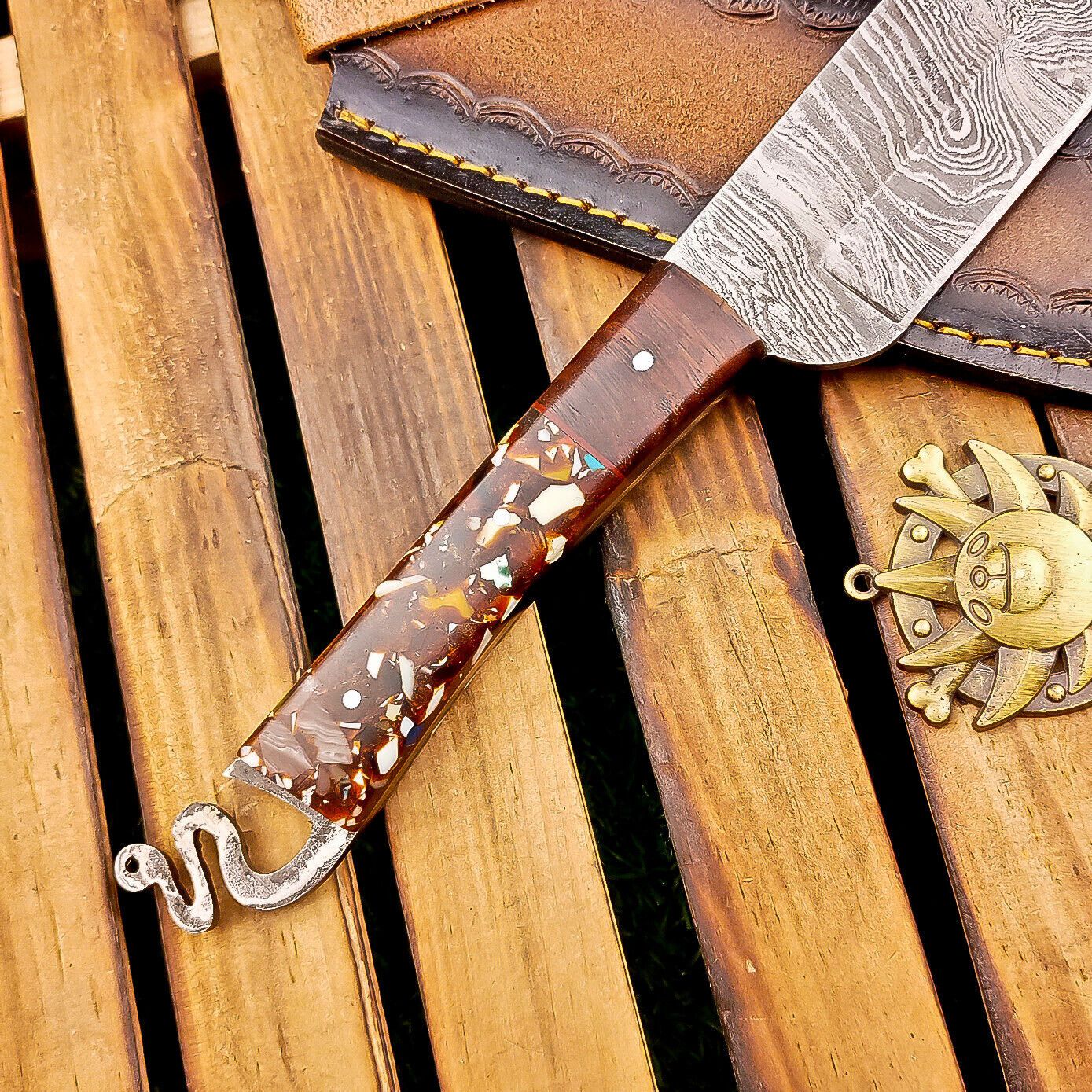 12 Inch Resin Handle Damascus Bowie Knife with Brass Pins and Leather Sheath