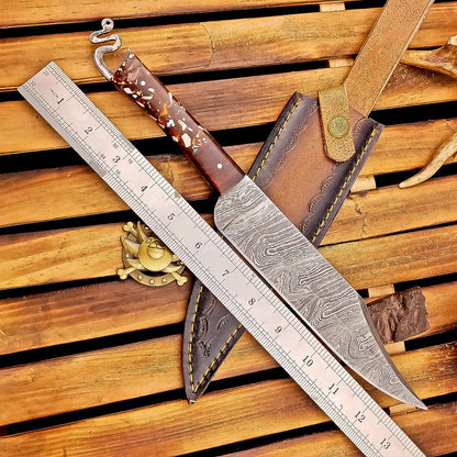 12 Inch Resin Handle Damascus Bowie Knife with Brass Pins and Leather Sheath