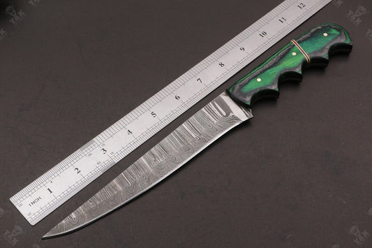 12" Handmade Twist Damascus Steel Fillet Knife Custom Fillet Knife With Leather Sheath