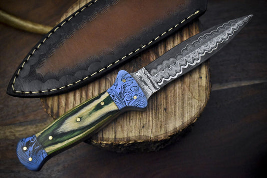 9.5" Hand Forged Ladder Damascus Skinner Knife with Hardwood Handle and Micarta Bolster for EDC