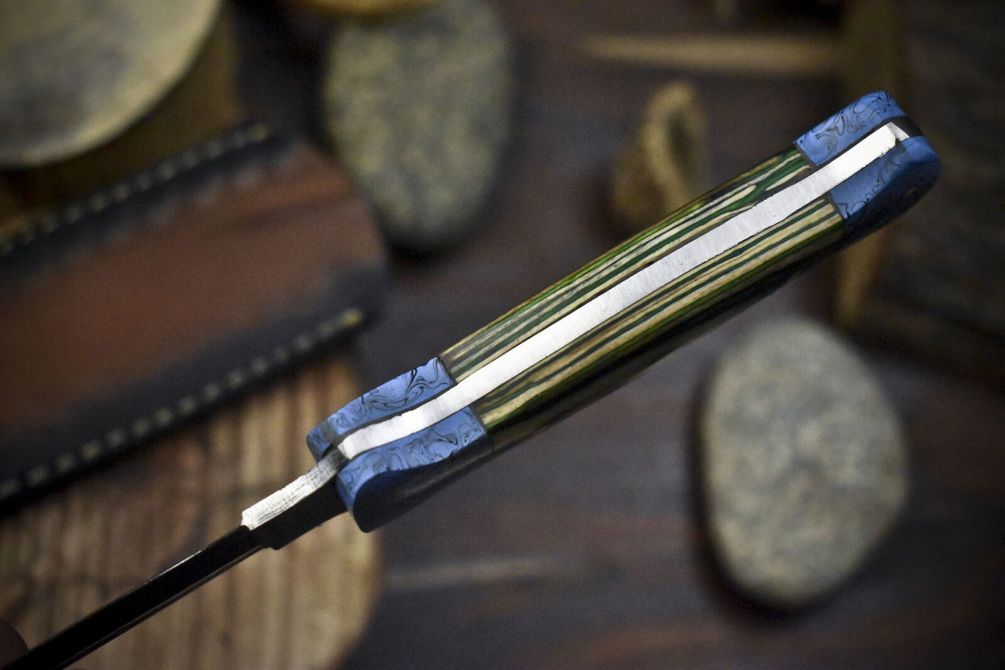 9.5" Hand Forged Ladder Damascus Skinner Knife with Hardwood Handle and Micarta Bolster for EDC