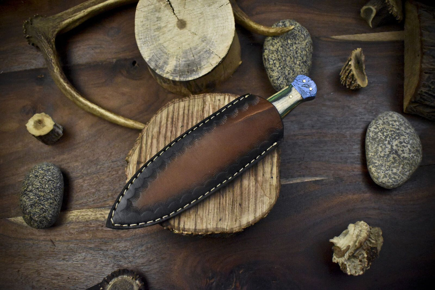 9.5" Hand Forged Ladder Damascus Skinner Knife with Hardwood Handle and Micarta Bolster for EDC