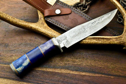 12.5" Handmade Damascus Steel Bowie Knife – Camel Bone Handle with Leather Sheath