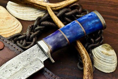 12.5" Handmade Damascus Steel Bowie Knife – Camel Bone Handle with Leather Sheath