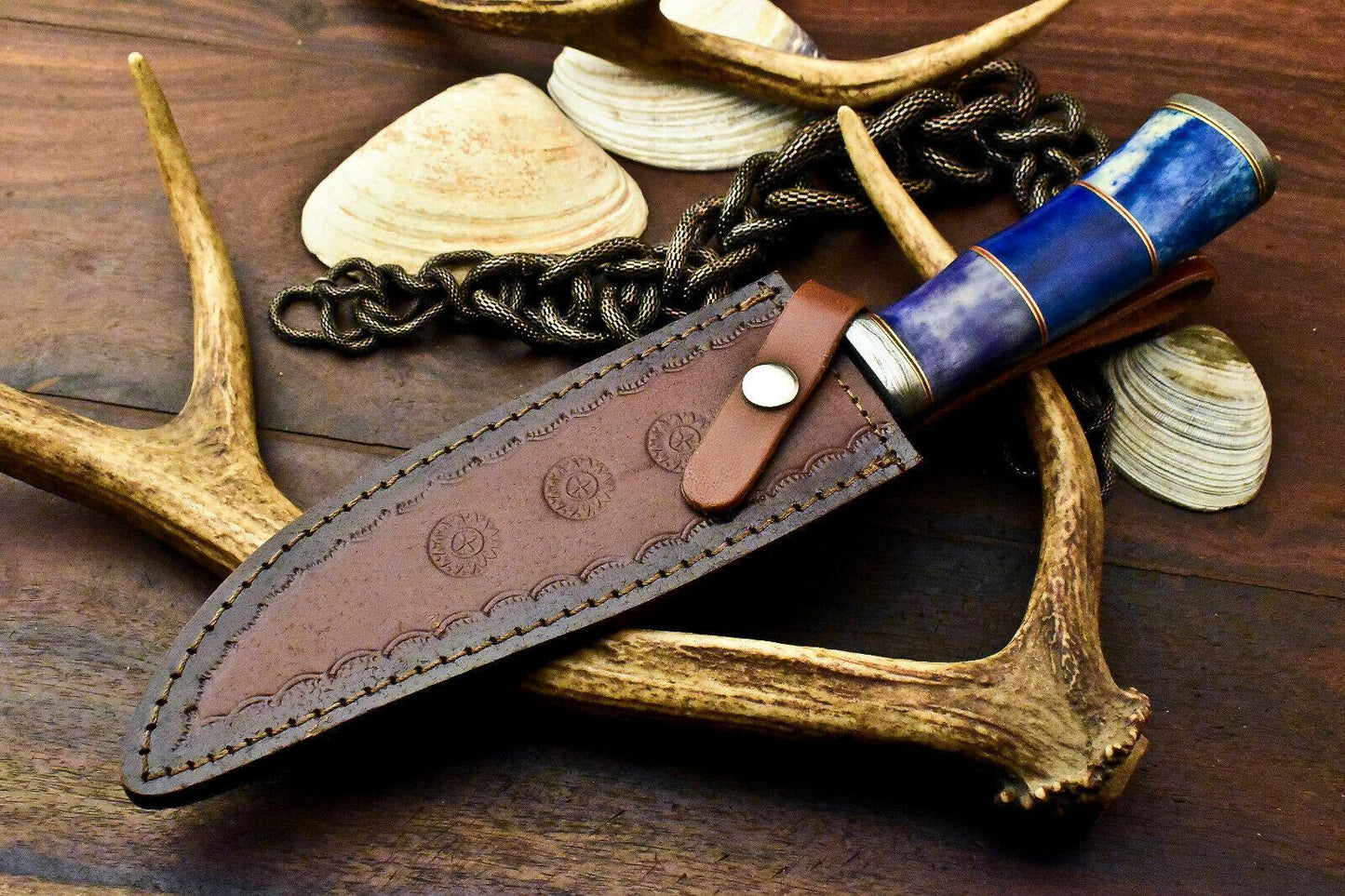 12.5" Damascus Bowie Knife – Camel Bone Handle