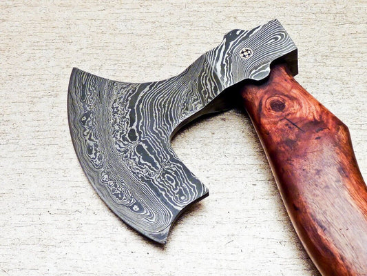Custom Handmade Damascus Steel Tomahawk Axe 18-Inch with Natural Wood Handle and Leather Sheath