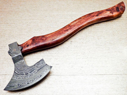 Custom Handmade Damascus Steel Tomahawk Axe 18-Inch with Natural Wood Handle and Leather Sheath