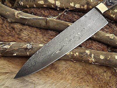 Hand Forged 14" Damascus Steel Chef Knife with 2-Tone Dollar Wood Handle & Brass Bolster