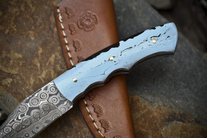 Rain Drop Damascus Skinner Knife with Micarta Handle – 7" Handmade Survival Hunting Blade