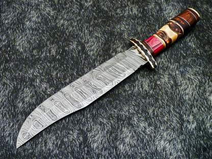 Colossus 15.5 Inch Damascus Bowie Hunting Knife | Hard Wood Handle