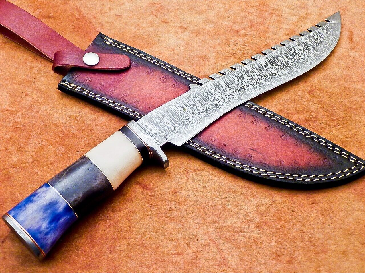 Heritage Forge 15 Inch Custom Handmade Damascus Hunting Bowie Knife with Camel Bone Handle