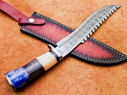 Heritage Forge 15 Inch Custom Handmade Damascus Hunting Bowie Knife with Camel Bone Handle