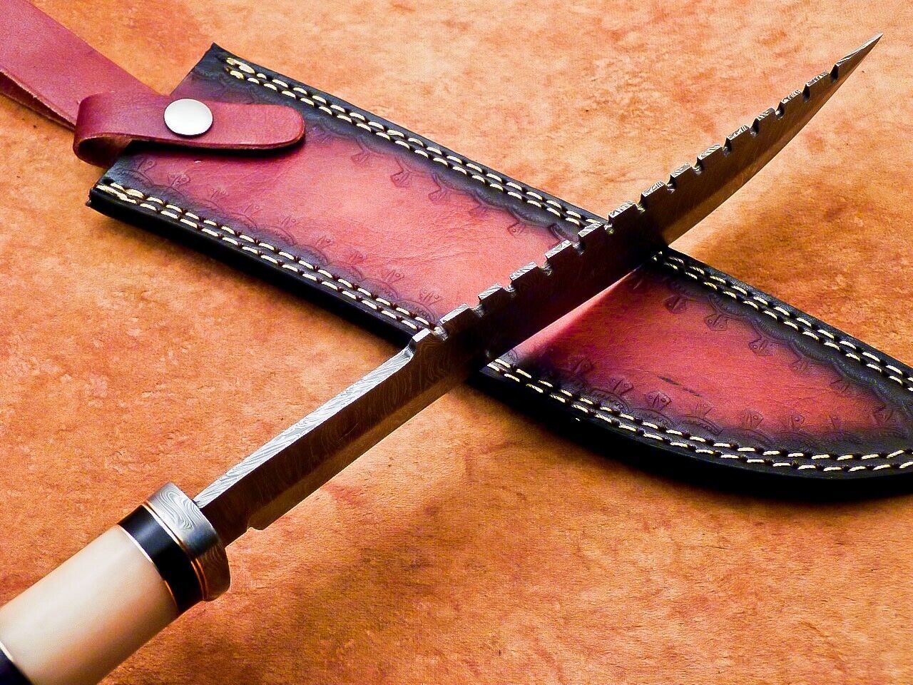 Heritage Forge 15 Inch Custom Handmade Damascus Hunting Bowie Knife with Camel Bone Handle