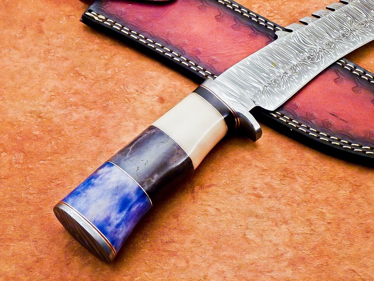 Heritage Forge 15 Inch Custom Handmade Damascus Hunting Bowie Knife with Camel Bone Handle