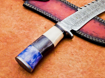 Heritage Forge 15 Inch Custom Handmade Damascus Hunting Bowie Knife with Camel Bone Handle