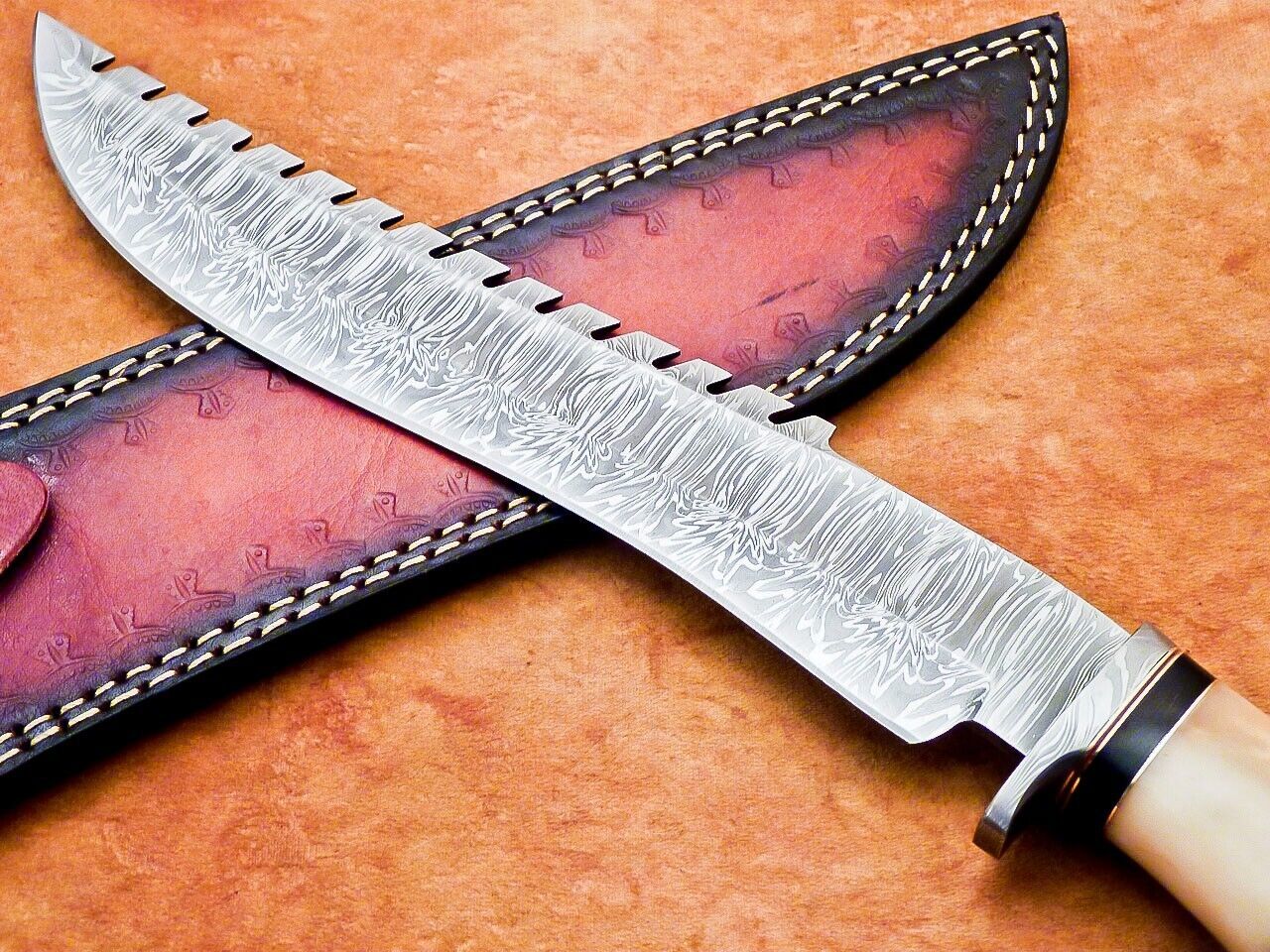 Heritage Forge 15 Inch Custom Handmade Damascus Hunting Bowie Knife with Camel Bone Handle