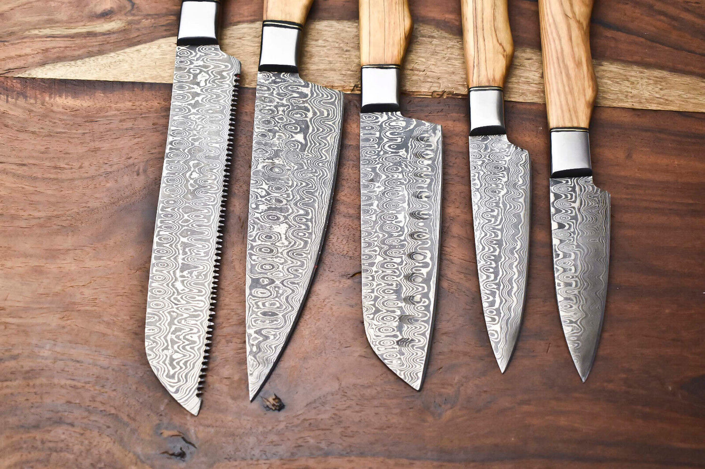 Premium 5-Piece Handmade Hammered Damascus Steel Chef Knife Set – Full Tang, Artisan Blades