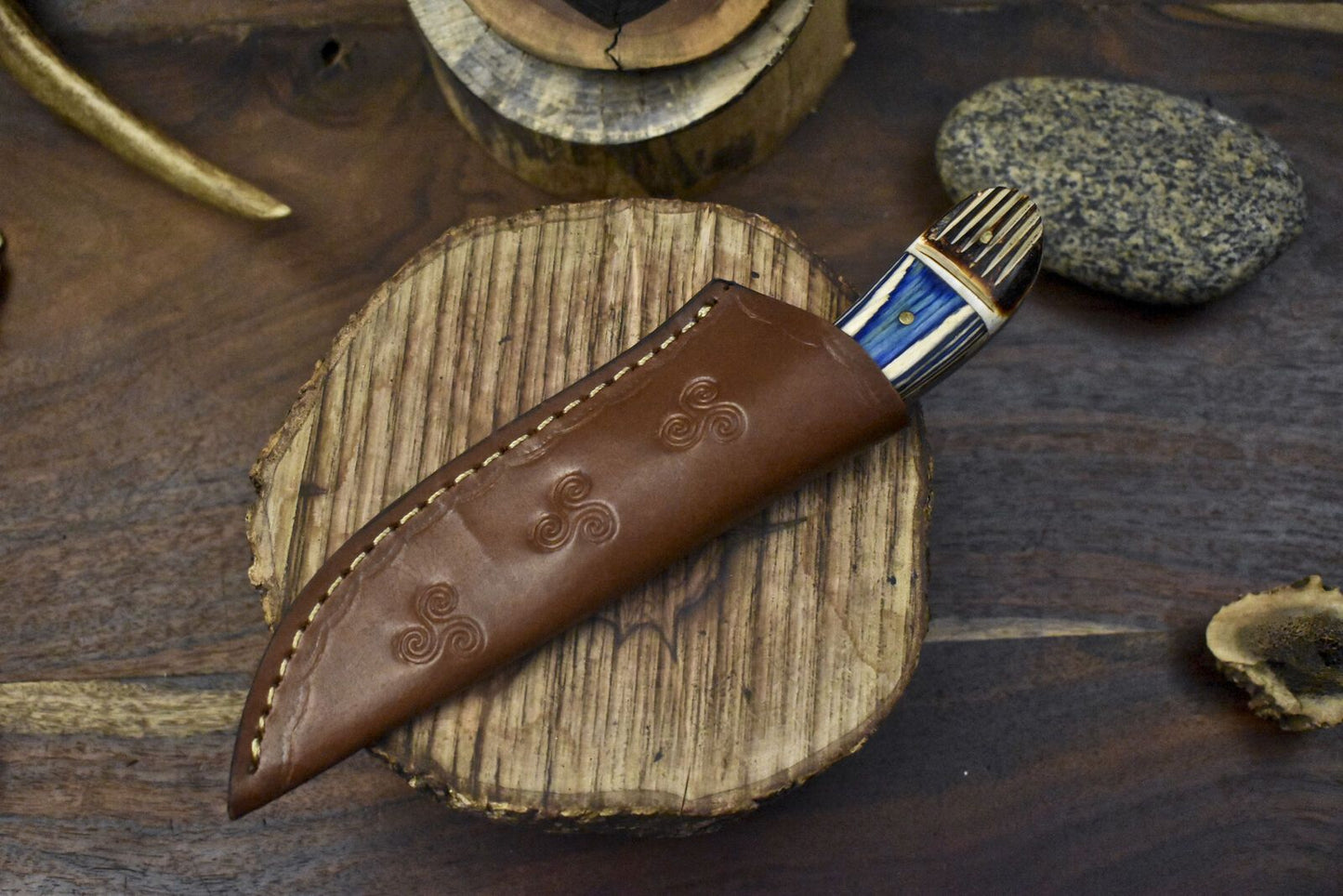 Custom Twist Damascus Skinner Knife Bone and Wood Handle 8" Handmade Bushcraft Blade