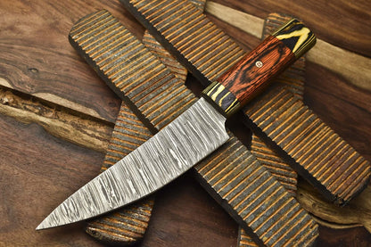 Hand Crafted Fire Damascus Chef Knife with Pakka Wood Bolster – Camping & Kitchen
