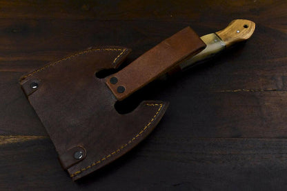 Rare Handmade Damascus Ram’s Horn Hunting Clever Chopper Axe Knife with Leather Sheath