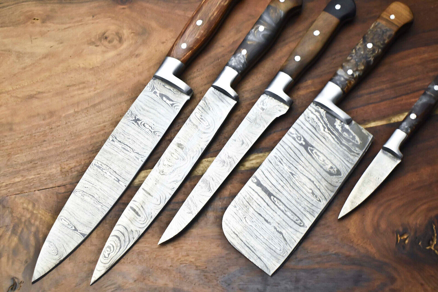 Custom Lot of 5 Handmade Hammered Damascus Steel Chef Knives – Professional Kitchen Knife Set