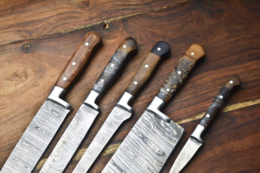 Custom Lot of 5 Handmade Hammered Damascus Steel Chef Knives – Professional Kitchen Knife Set