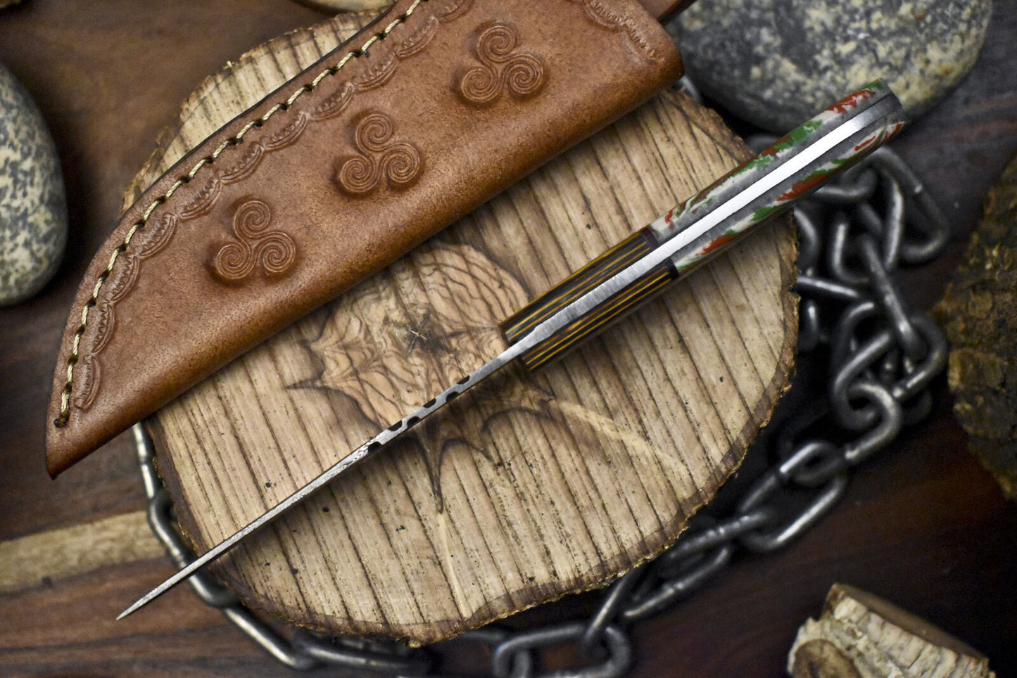Custom Forged Twist Damascus Skinner Knife with Micarta Handle and Wooden Bolster – 8 Inch Hunting Blade