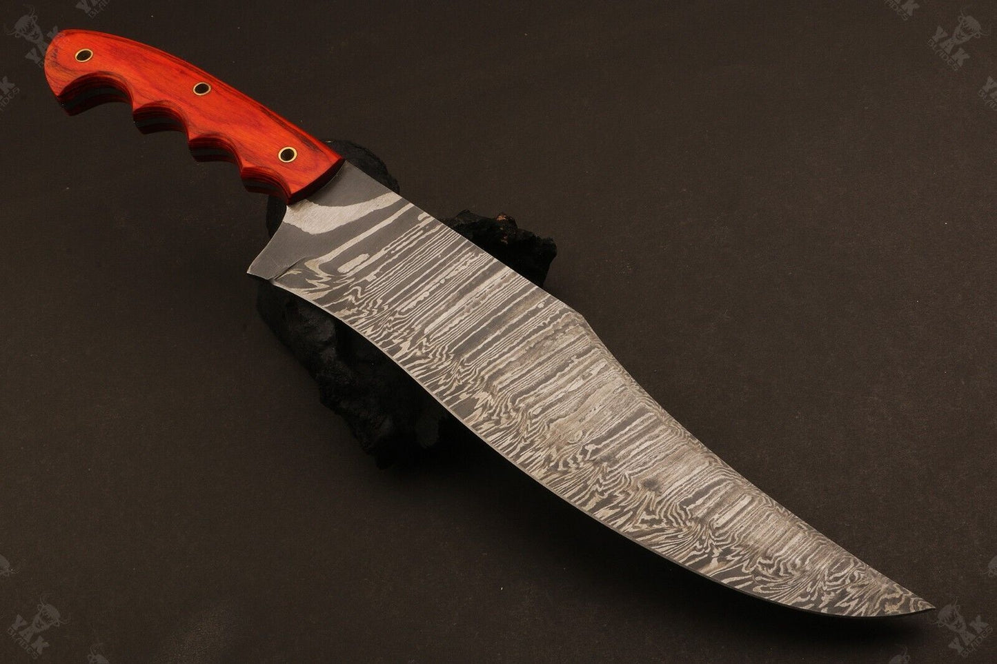Heritage Forge 15 Inch Damascus Steel Bowie Knife with Wood Handle for Hunting and Camping