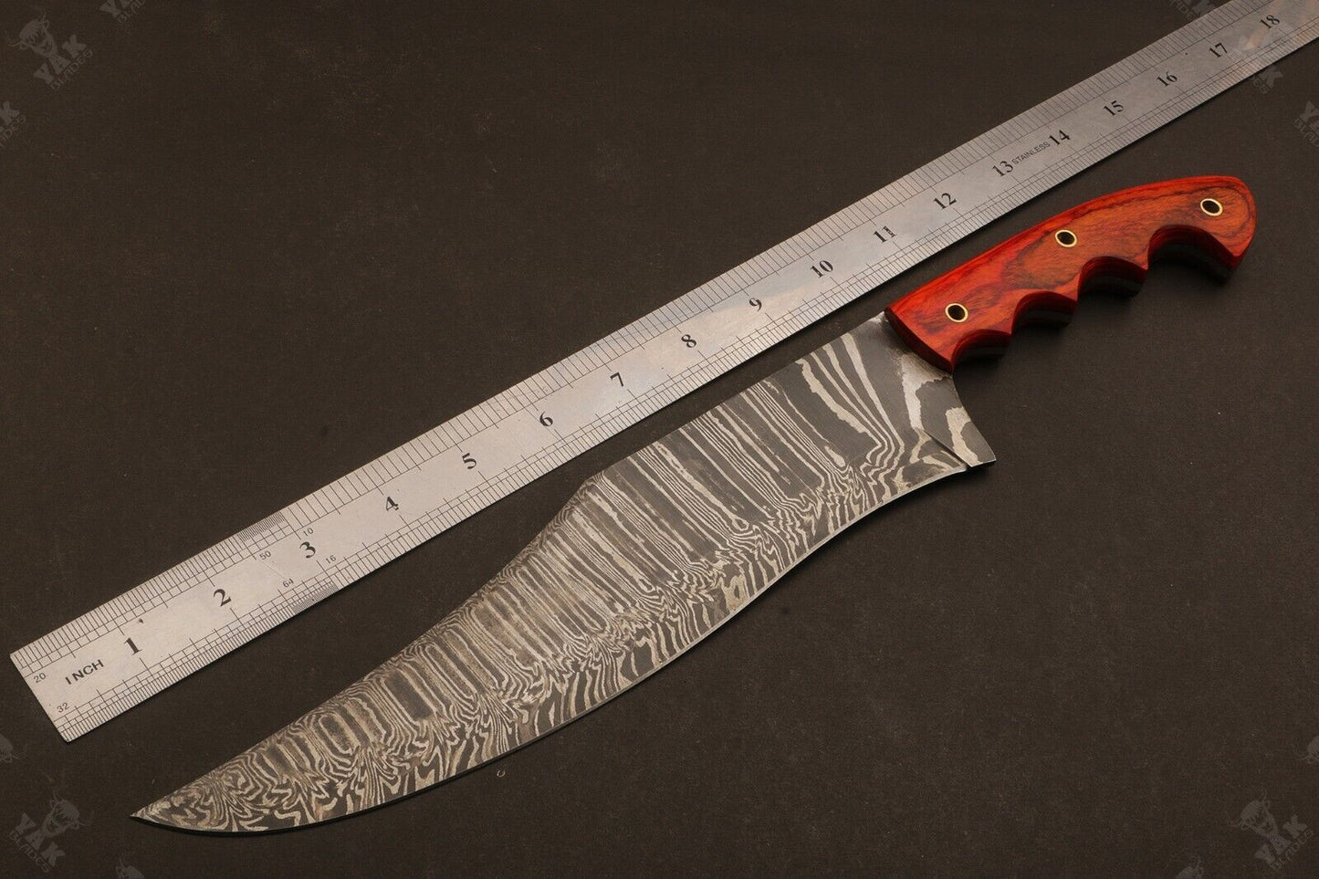 Heritage Forge 15 Inch Damascus Steel Bowie Knife with Wood Handle for Hunting and Camping