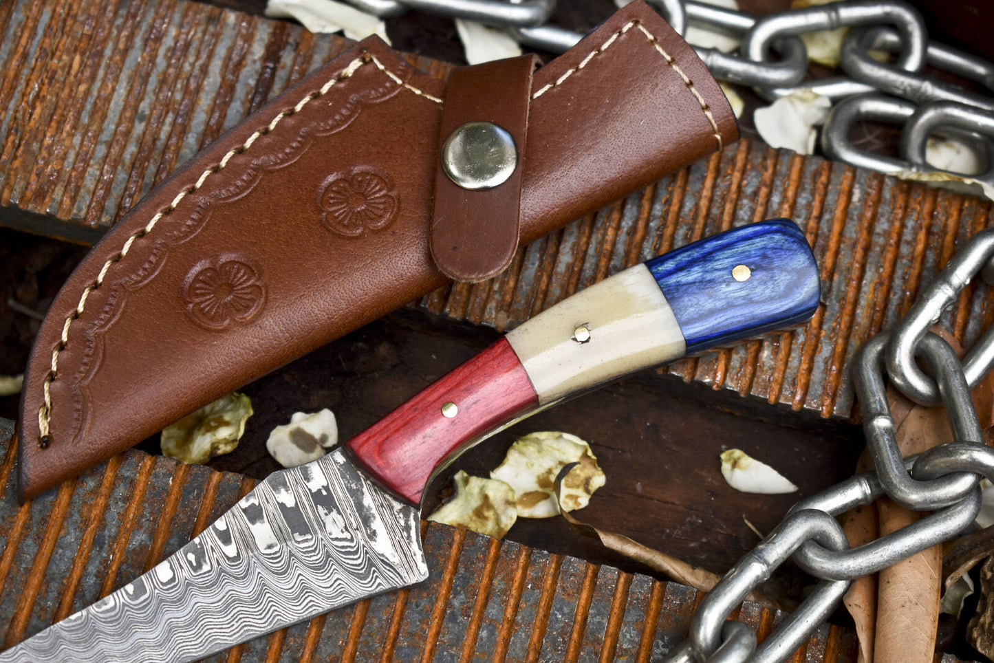 Custom Damascus Skinner Hunting Knife Ladder Pattern with Bone and Wood Handle