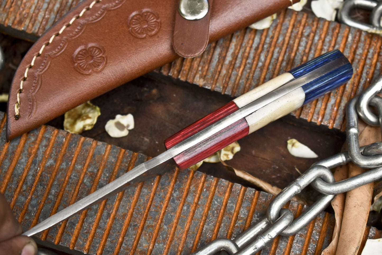 Custom Damascus Skinner Hunting Knife Ladder Pattern with Bone and Wood Handle