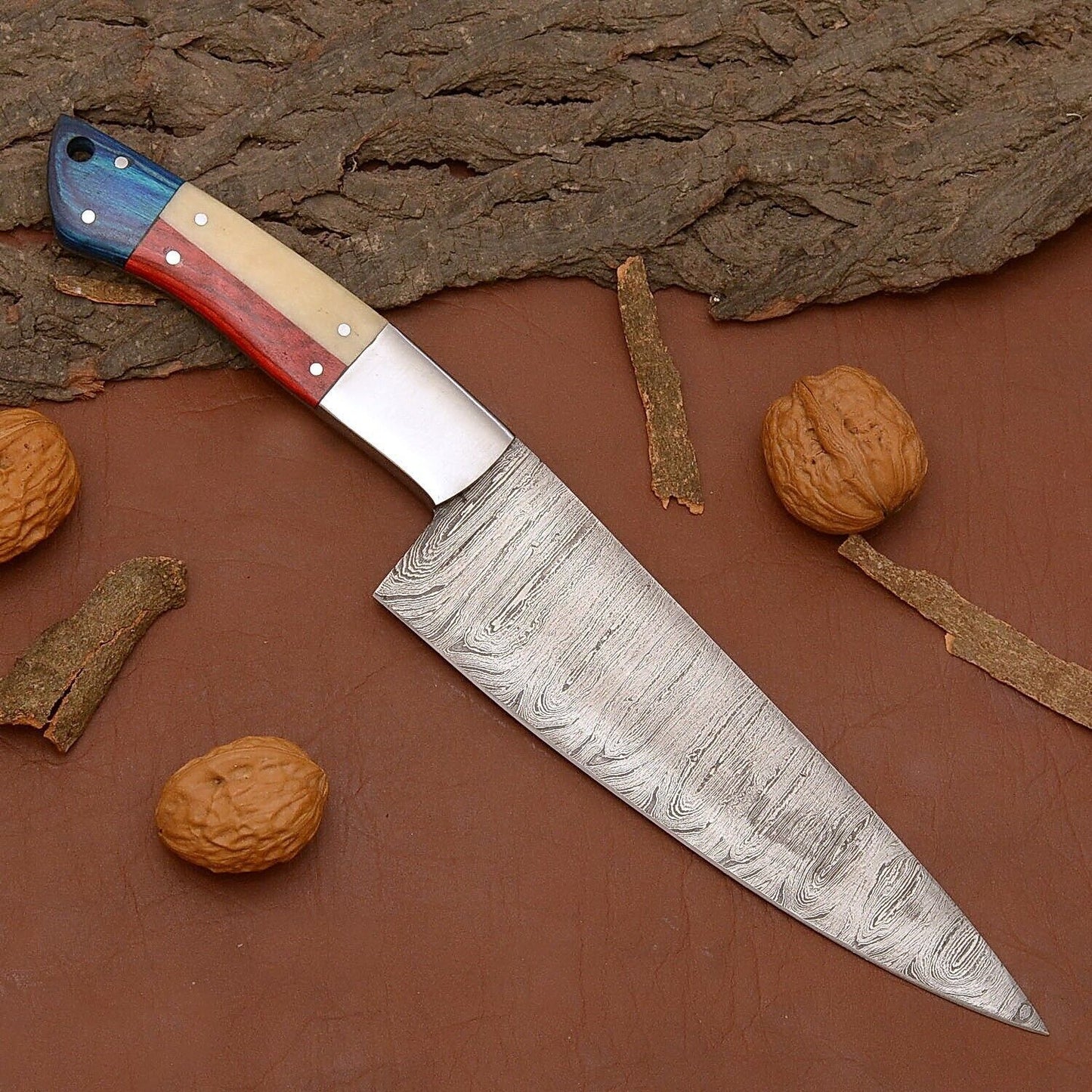 Damascus Steel Chef Knife | 12" Full Tang Kitchen Knife with Wooden Handle & Sheath