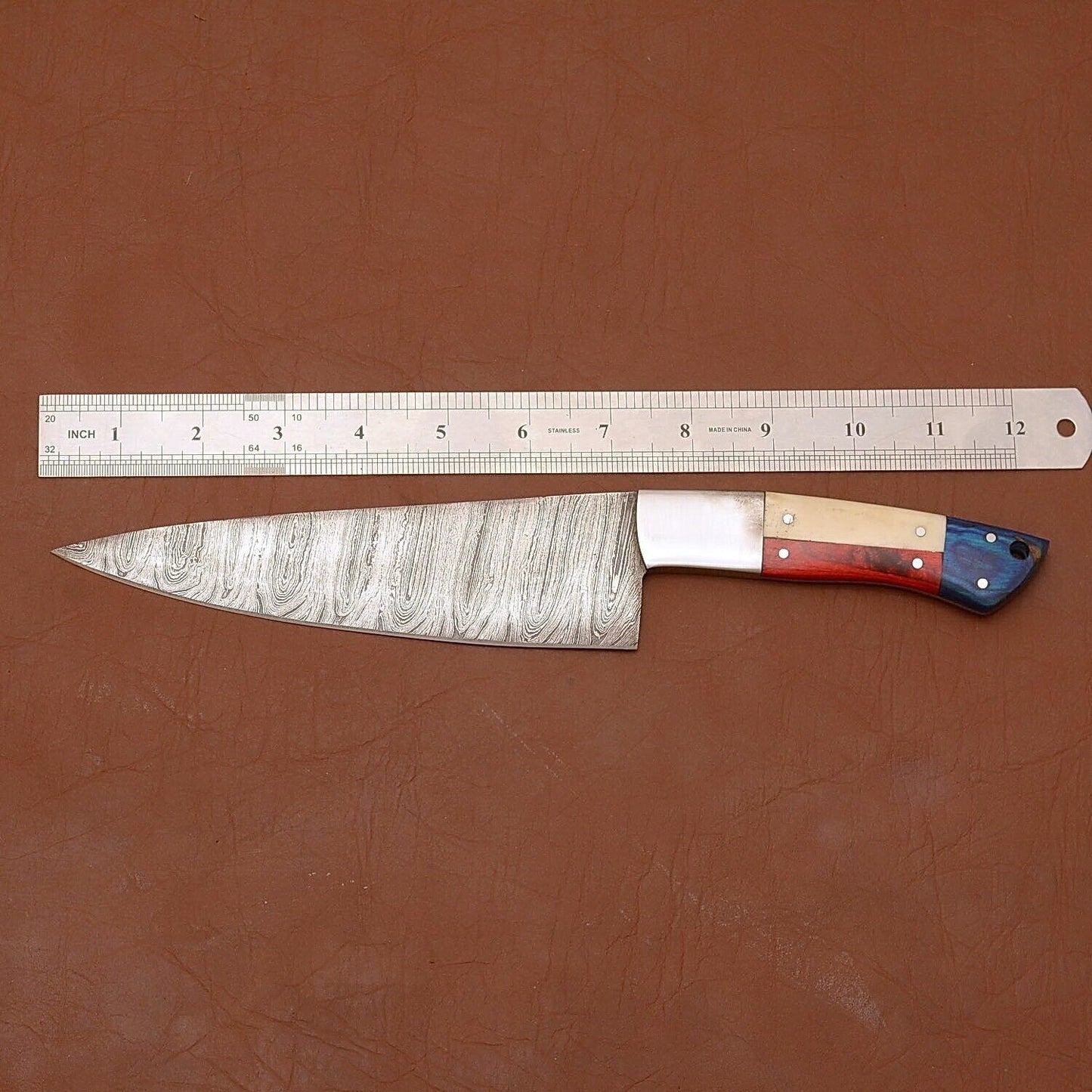 Damascus Steel Chef Knife | 12" Full Tang Kitchen Knife with Wooden Handle & Sheath