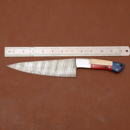 Damascus Steel Chef Knife | 12" Full Tang Kitchen Knife with Wooden Handle & Sheath