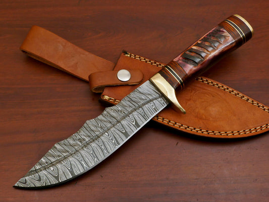 Heritage Forge Handmade Damascus Steel Bowie Hunting Knife with Camel Bone and Pakka Wood Handle