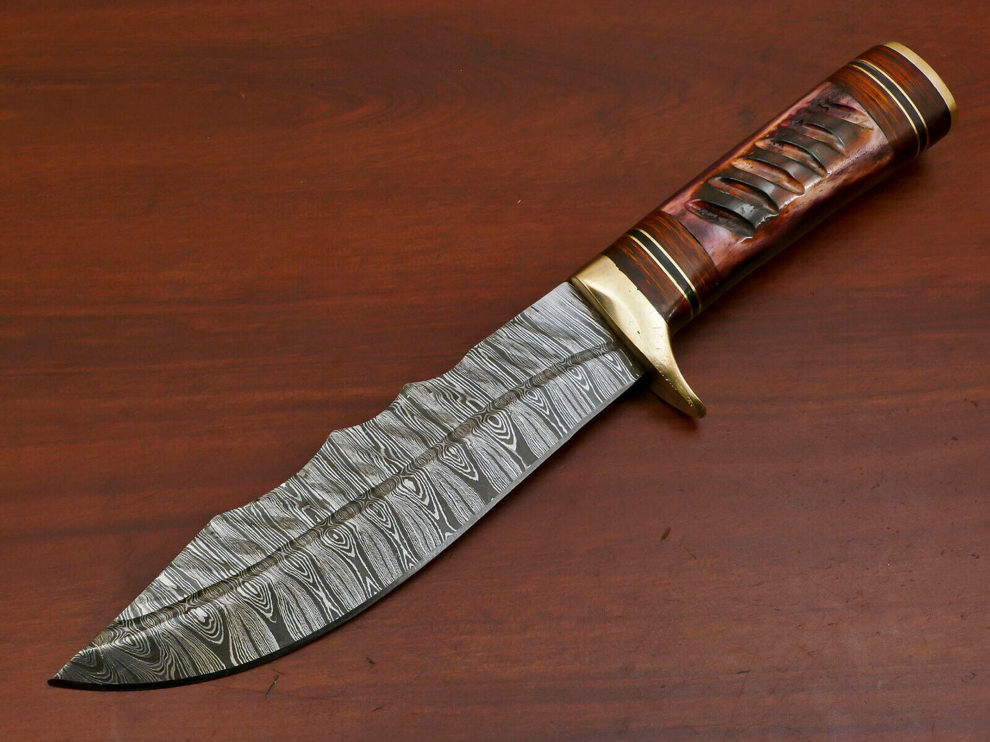 Heritage Forge Handmade Damascus Steel Bowie Hunting Knife with Camel Bone and Pakka Wood Handle