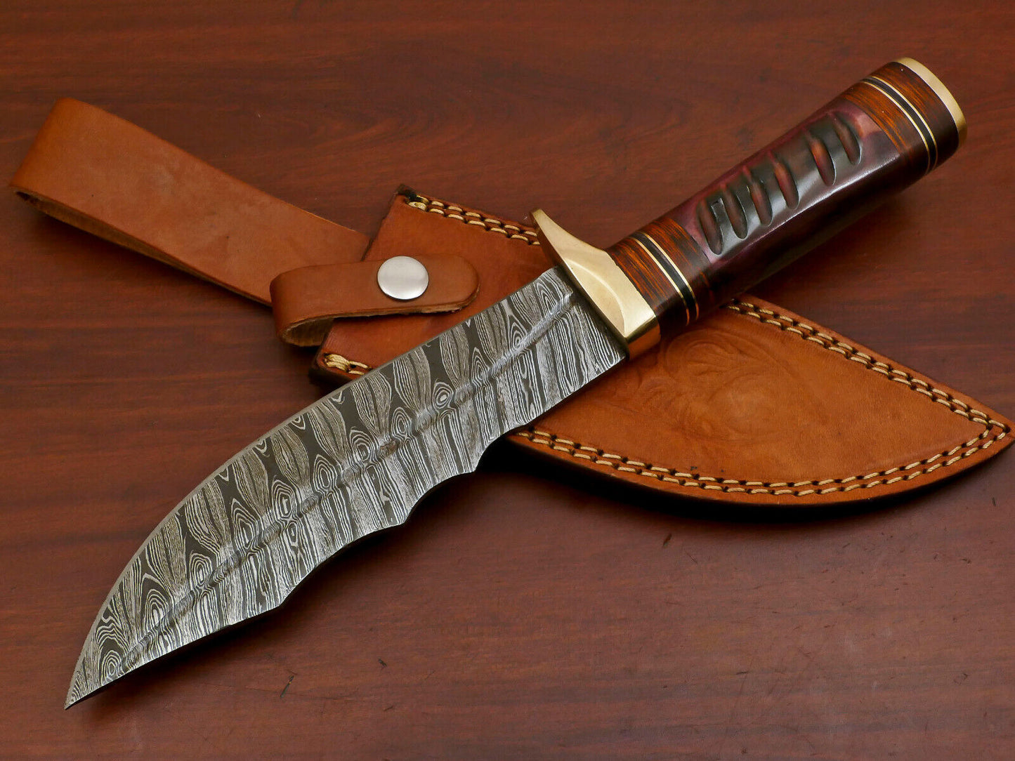Heritage Forge Handmade Damascus Steel Bowie Hunting Knife with Camel Bone and Pakka Wood Handle