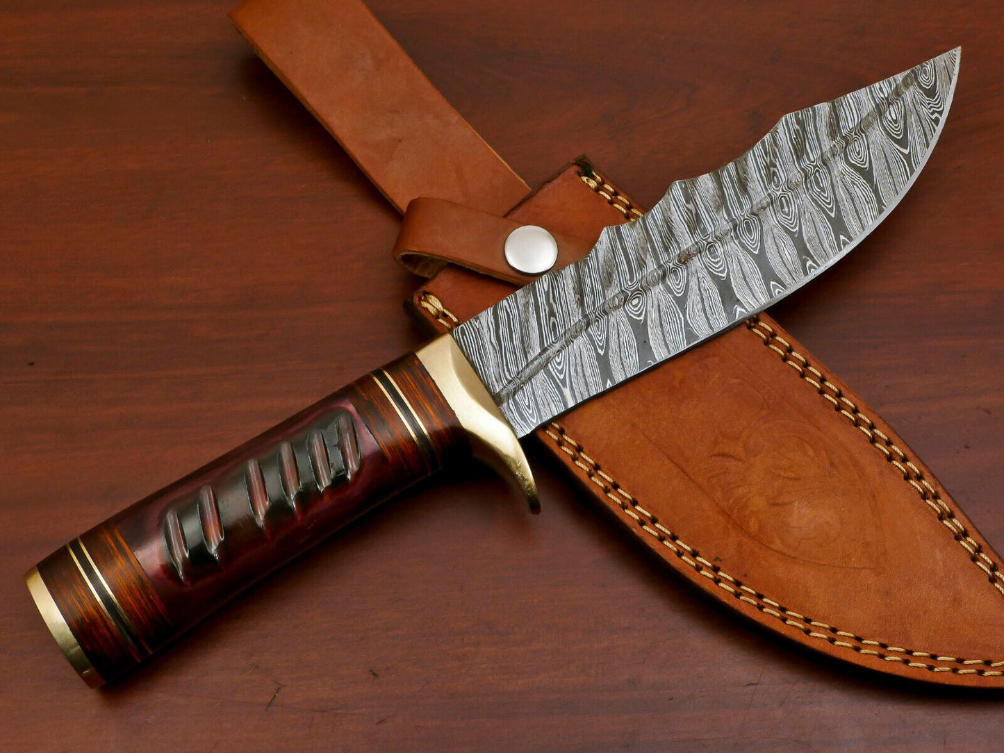 Heritage Forge Handmade Damascus Steel Bowie Hunting Knife with Camel Bone and Pakka Wood Handle