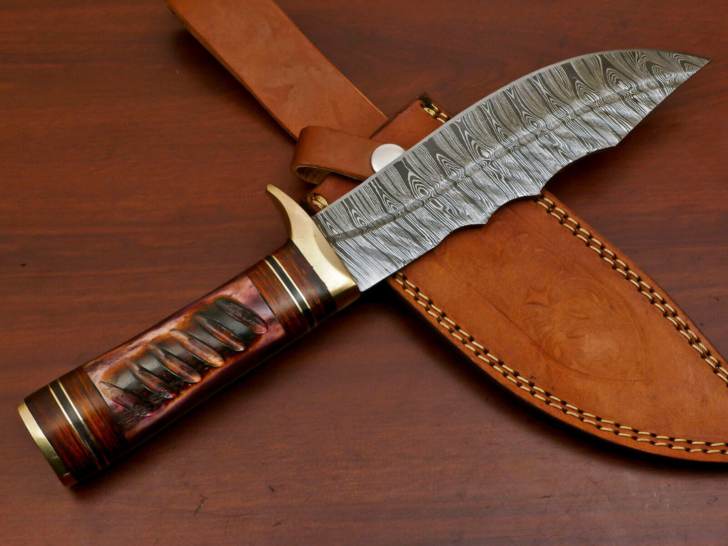 Heritage Forge Handmade Damascus Steel Bowie Hunting Knife with Camel Bone and Pakka Wood Handle