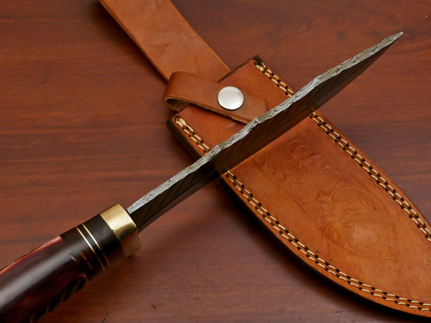 Heritage Forge Handmade Damascus Steel Bowie Hunting Knife with Camel Bone and Pakka Wood Handle