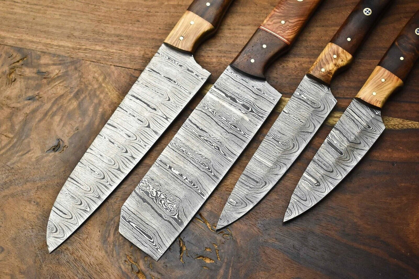 Lot of 4 Custom Handmade Damascus Steel Full Tang Chef Knives Set – 8" to 12" Razor Sharp Kitchen Blades